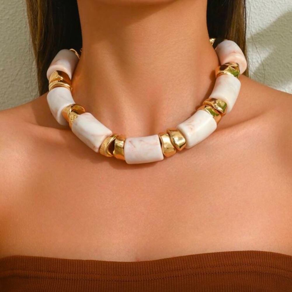 Elegant White and Gold Chunky Bead Necklace - Women Jewelry